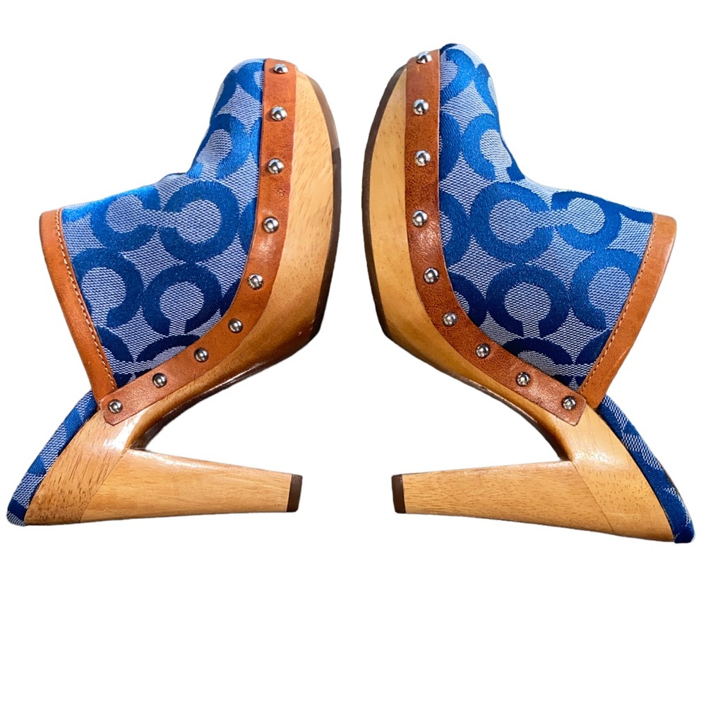COACH Vintage Bacall Signature Logo Blue Platform Heeled Clogs Mules - 5 - Picture 7 of 14